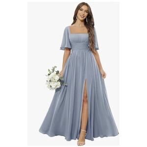 Square Neck Bridesmaid Dress with Slit Chiffon Flutter Sleeve with Pockets US 14